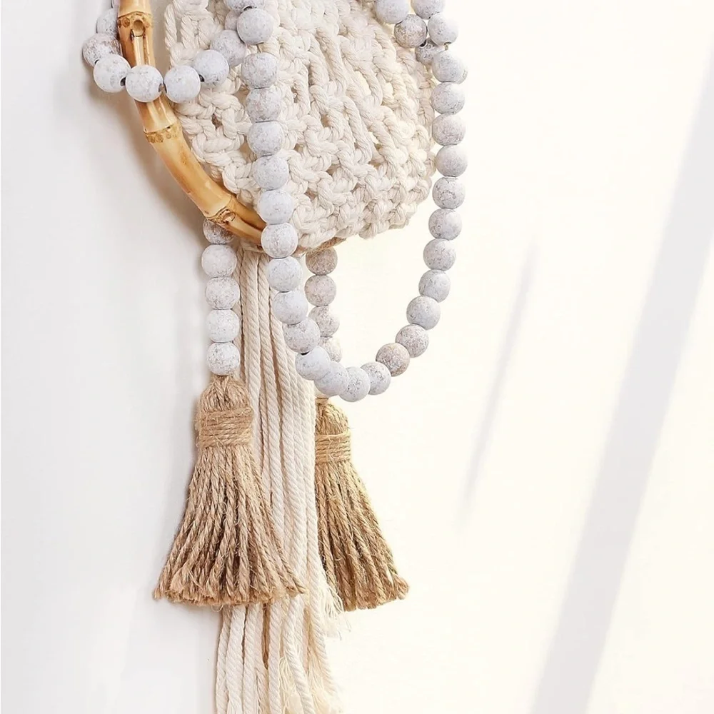 Rustic Boho Farmhouse Distressed White Beads/Wood Tie Tassel Garland Home Decor